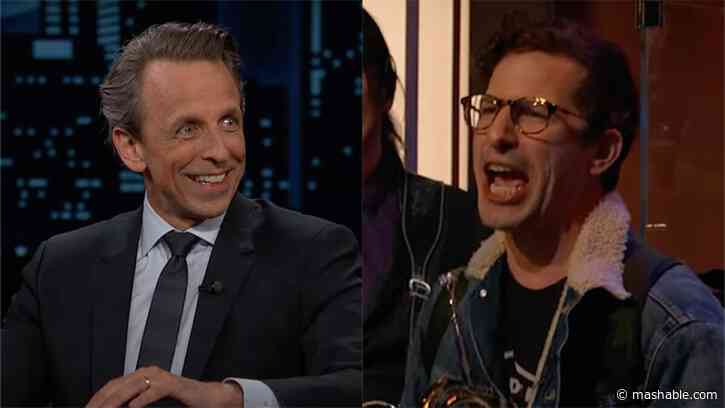 Andy Samberg gleefully heckles Seth Meyers' interview on Kimmel