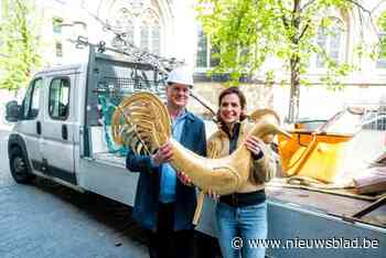 Enorme kranen plukken torenhaan en kruis van 200 kilogram van Hasseltse kathedraal