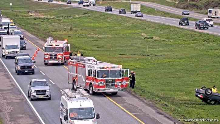 Rollover slows Highway 1 eastbound west of Chilliwack Tuesday morning