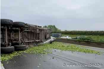 Vrachtwagen vol spinazie kantelt op E40: rijbaan versperd