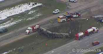 Highway 2 reopened near Okotoks after multi-vehicle collision, fuel spill