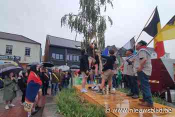 Striemende regen houdt meiboomplanting niet tegen