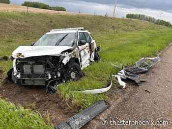 RCMP cruiser badly damaged after being rammed on Saskatchewan highway