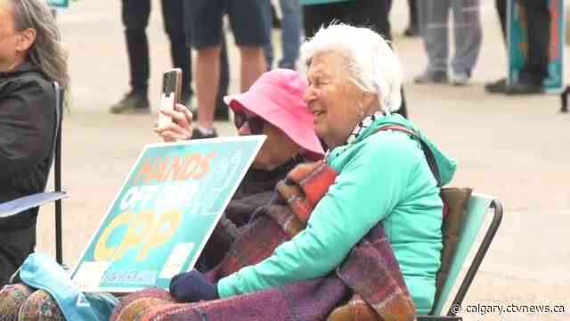 Calgary demonstrators urge the UCP to keep their ‘Hands off  our CPP’