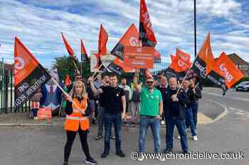 GMB Union members strike outside of North Shields factory after pay dispute
