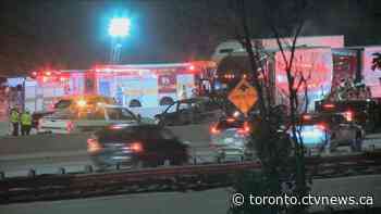 Fiery tractor trailer crash on Hwy. 401 sends 3 people to hospital