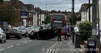 Overturned car leaves one person in hospital