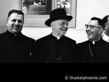 Ecclesiastical visitors stop in Saskatoon in 1957, headed to Prince Albert