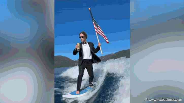 Mark Zuckerberg sips beer, flies American flag while surfing in tuxedo on Independence Day