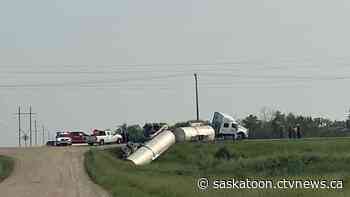 Sask. asphalt truck rolls over and spills into ditch