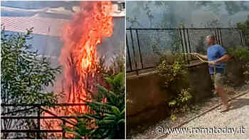 Incendi a Roma: a Borghesiana le fiamme minacciano le case, in via Cilicia residenti con i tubi