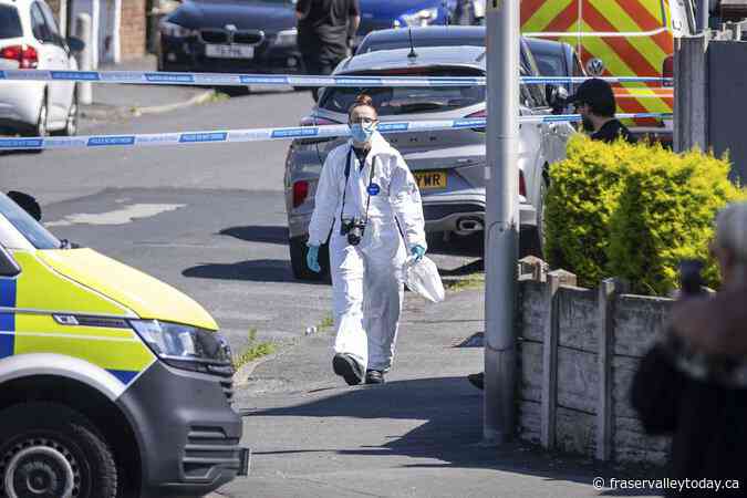 Bloodied children flee a stabbing attack in England. 8 people are hurt and a 17-year-old is arrested