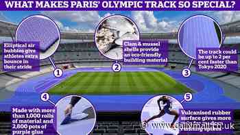 Flex your mussels! Paris' purple Olympic track is made from ground-up sea shells - and experts say it could be up to 2% faster than the track at the Tokyo 2020 Games