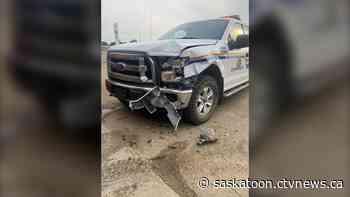 Saskatoon man charged after Kindersley RCMP vehicles rammed by stolen vehicle