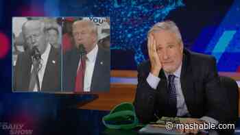 Jon Stewart uses an awkward montage to show how Trump is reusing old attacks