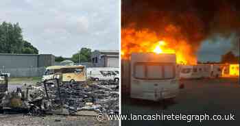 Huge fire engulfed caravans in storage yard which 'sounded like bombs'