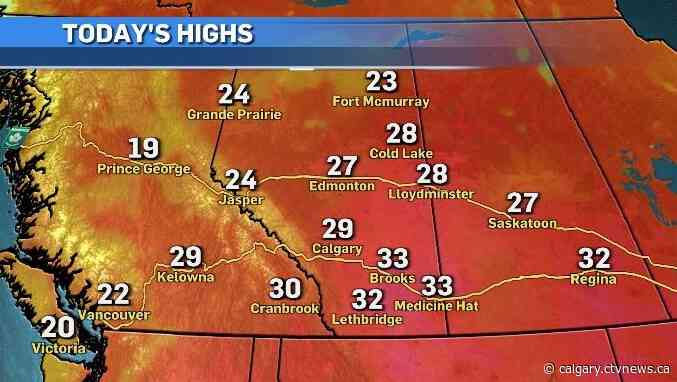 Heat warnings east of Calgary, late day thunderstorms possible across southern Alberta