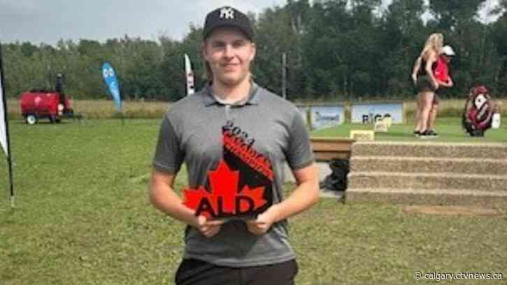 Kamloops Blazers forward Nathan Behm tees it up and wins a long-drive competition