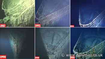 Titanic's deteriorating bow over the past 37 years: Devastating images snapped by underwater robots show just how rapidly the famous liner is breaking apart