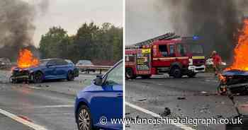 Dramatic pictures show car in flames after three-vehicle smash on M61