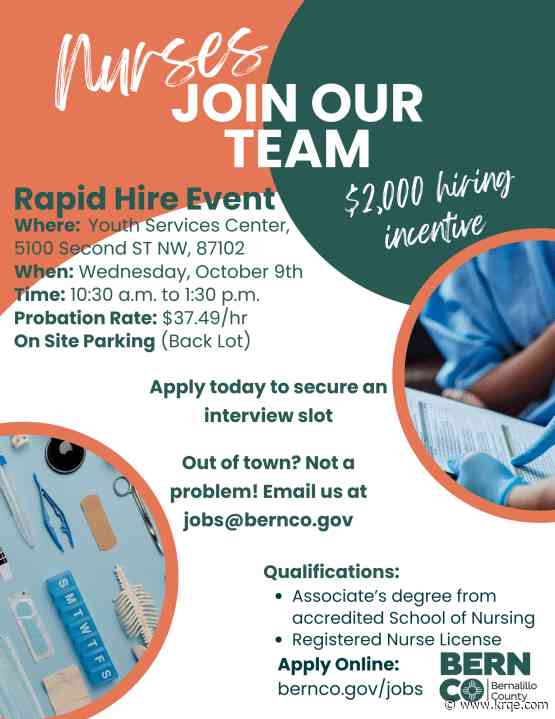 Bernalillo County Juvenile Detention Center holding rapid hiring event for nurses