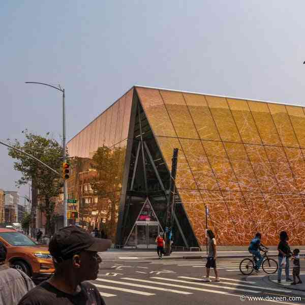 Snøhetta wraps Queens library in orange ombre glass covered with script