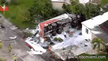 Tanker truck rollover crash spills fuel, leaves driver hurt in Oakland Park
