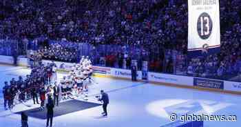 IN PHOTOS: Columbus Blue Jackets raise banner in honour of Johnny Gaudreau at home opener