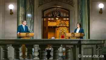 Party leaders Scott Moe, Carla Beck stick to core platform issues in provincial election debate