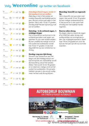 Het weer in Twente Zaterdagochtend regen verder in het weekend zon en wolken
