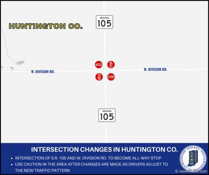 Intersection of SR 105 in Huntington County to become 4-way stop