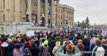 Protester rally at Alberta legislature to oppose bills affecting trans rights