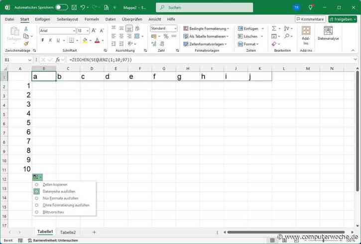 Microsoft Excel: Alphabetische Buchstabenreihe erzeugen