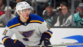 St. Louis Blues forward Dylan Holloway departs on stretcher after he was struck in neck by puck