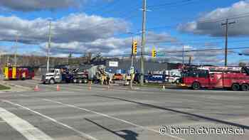 Intersection closed after cement truck loses mixer