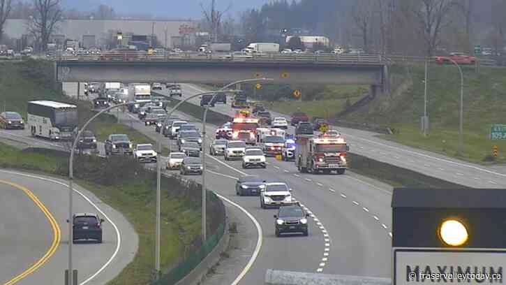 Collision on Highway 1 near Yale Road in Chilliwack closes lane, slows traffic