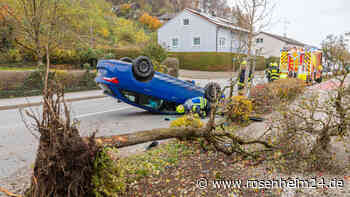 Spektakulärer Unfall in Burghausen: Auto entwurzelt Baum und überschlägt sich