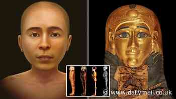 'Golden boy' mummy is revealed after 2,300 years: Scientists recreate the true face of a mysterious teenager who was buried with 49 amulets - including one next to his PENIS