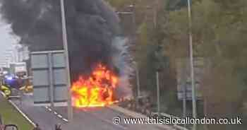 Pictures show lorry on fire on A127 as traffic stretches to Upminster