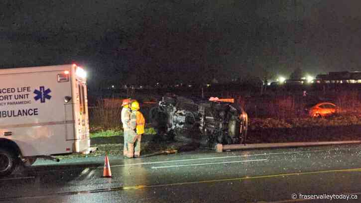 Vehicle rolls over, takes out lamp standard near Lickman/Yale Saturday evening in Chilliwack