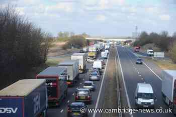 One lane closed and long delays due to crash on M11 near Cambridge