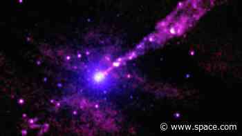 Galaxy-size jet from monster black hole blasts mystery object in deep space (video)