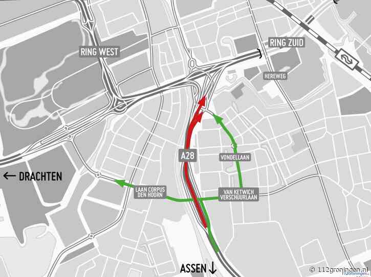 A28 dicht van Groningen-Zuid naar Julianaplein 13 december om 22:00 uur