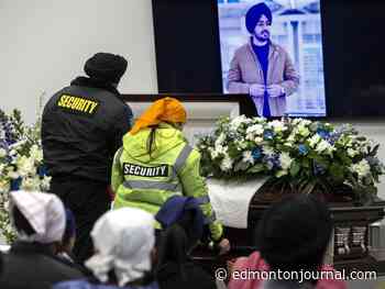 Harshandeep Singh was killed while working as a security guard. At a memorial, Alberta first responders claimed him as one of their own