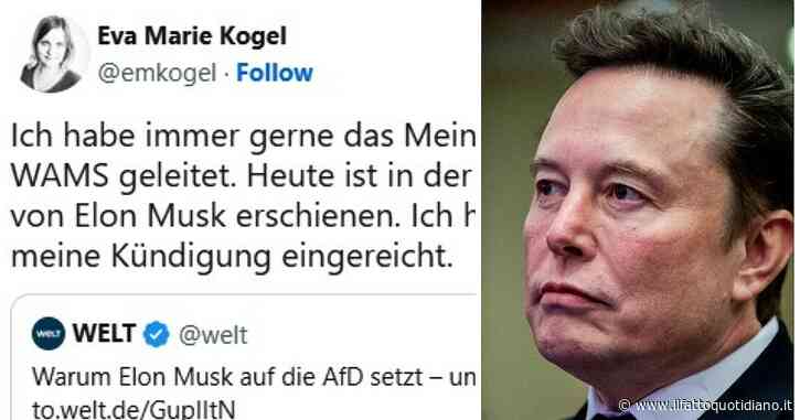 Die Welt pubblica un intervento di Musk su AfD e la responsabile del servizio Opinioni si dimette
