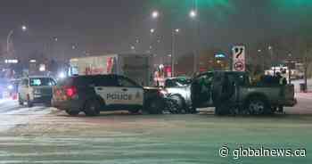 Stolen truck fleeing police the wrong way on Stony Plain Road triggers 5-vehicle crash: EPS