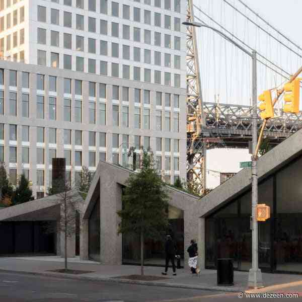 Angular concrete buildings surround Domino Square plaza