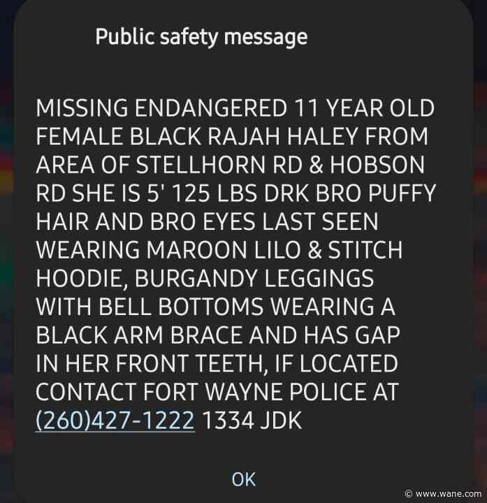 Public Safety Alert issued for missing Fort Wayne girl