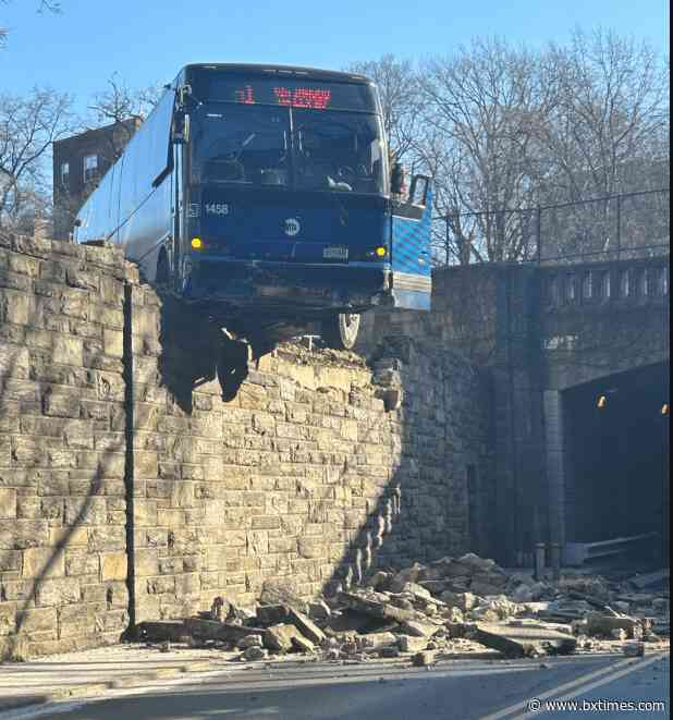 MTA bus crash leaves vehicle dangling off Bronx overpass; driver rescued safely