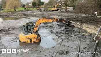 Digger sinks during pond maintenance work